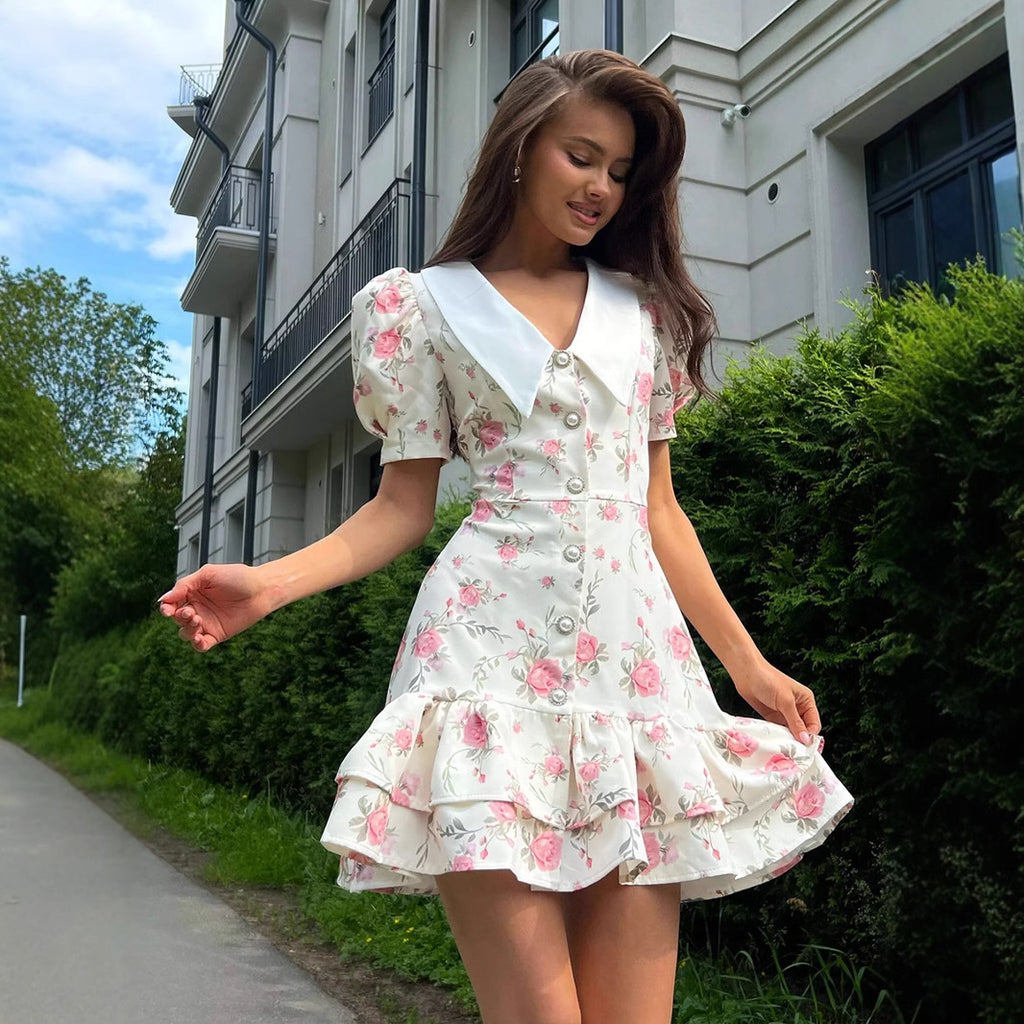 Floral Ruffle Puff Sleeve Midi Dress for Women – A-Line Summer Dress