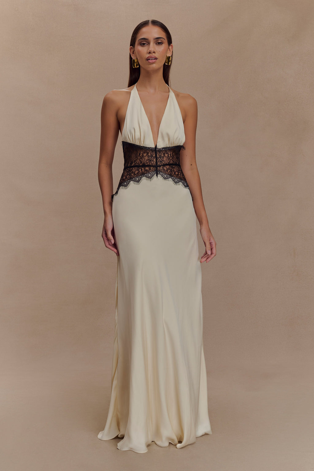 Lace and Satin Halter Maxi Dress for Women – V-Neck Evening Gown – Black/White