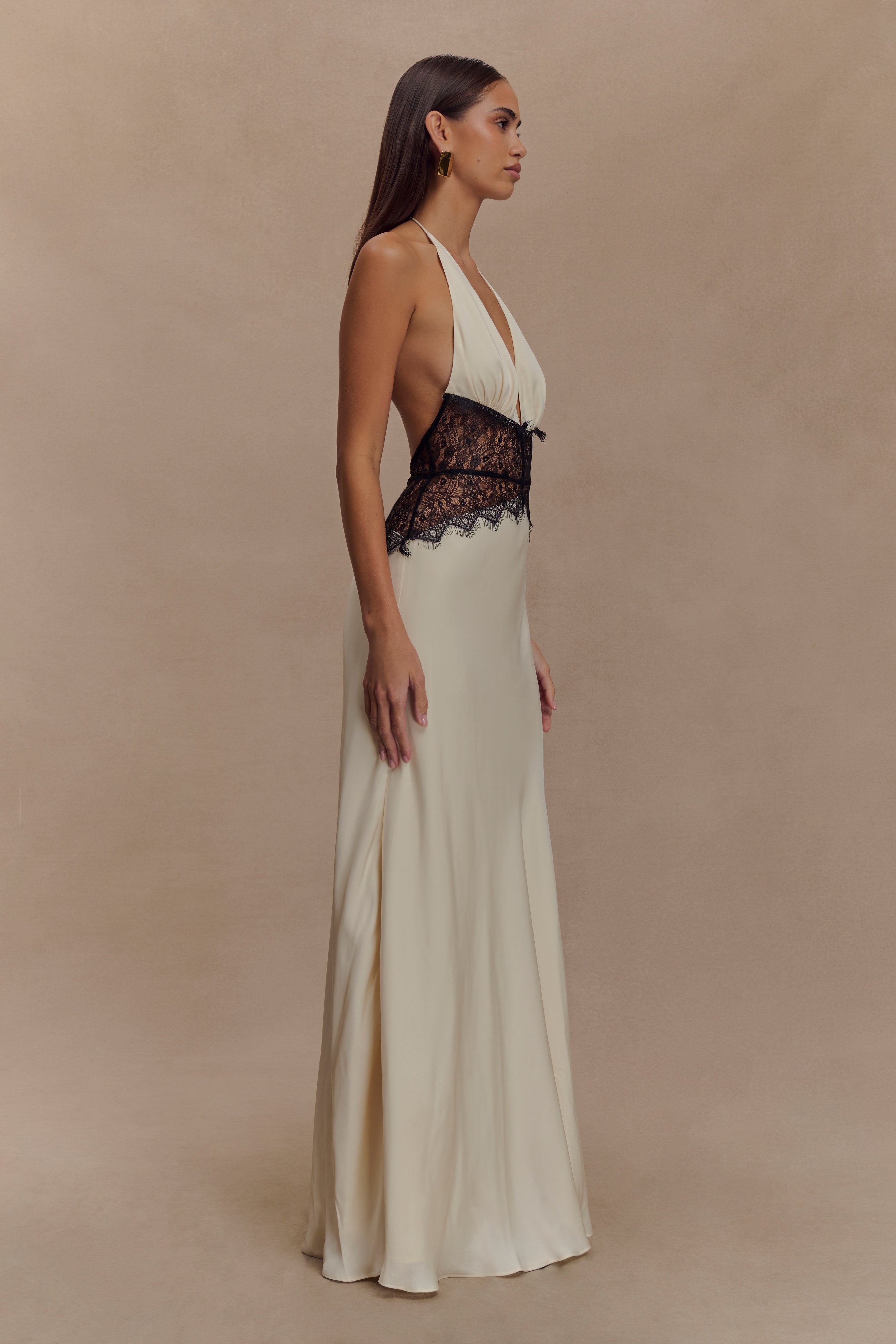 Lace and Satin Halter Maxi Dress for Women – V-Neck Evening Gown – Black/White