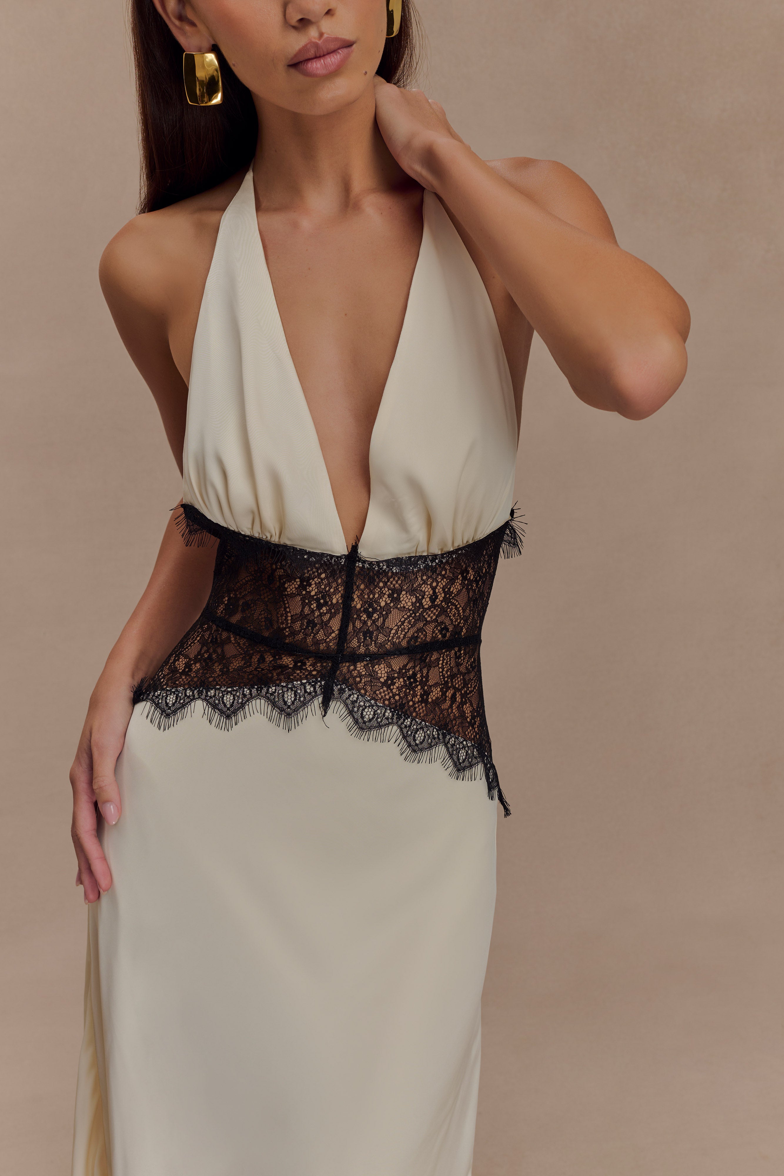 Lace and Satin Halter Maxi Dress for Women – V-Neck Evening Gown – Black/White