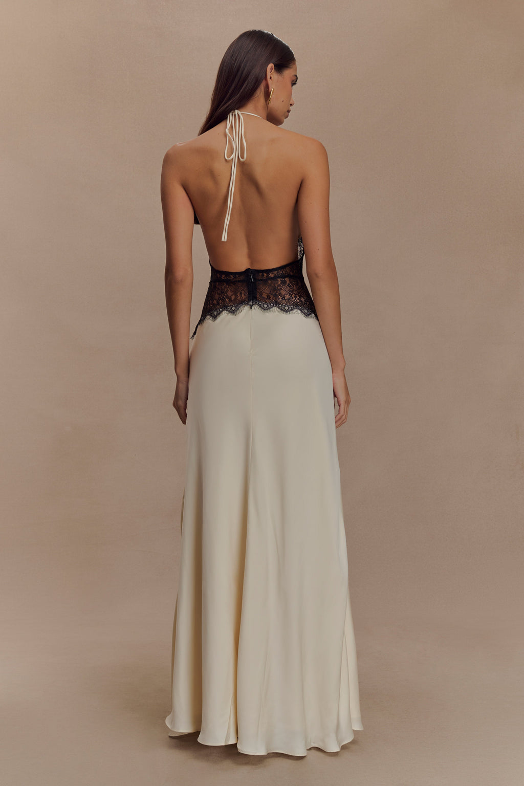 Lace and Satin Halter Maxi Dress for Women – V-Neck Evening Gown – Black/White