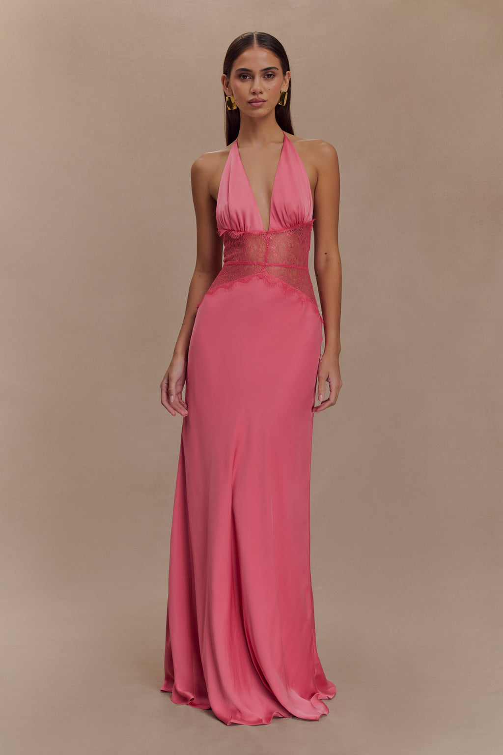 Lace and Satin Halter Maxi Dress for Women – V-Neck Evening Gown – Rose