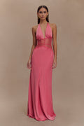 Lace and Satin Halter Maxi Dress for Women – V-Neck Evening Gown – Rose
