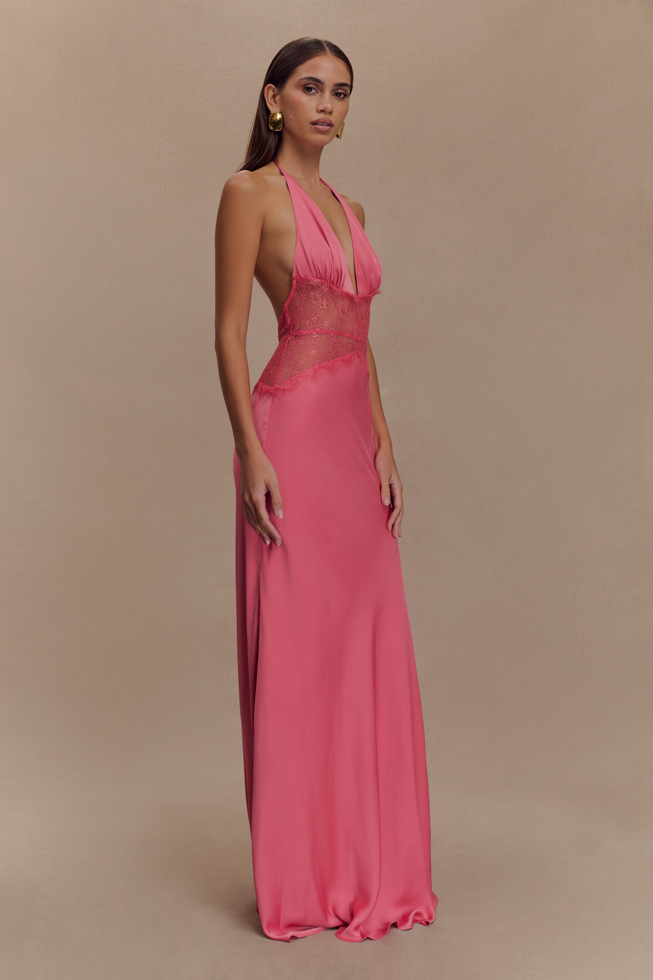 Lace and Satin Halter Maxi Dress for Women – V-Neck Evening Gown – Rose
