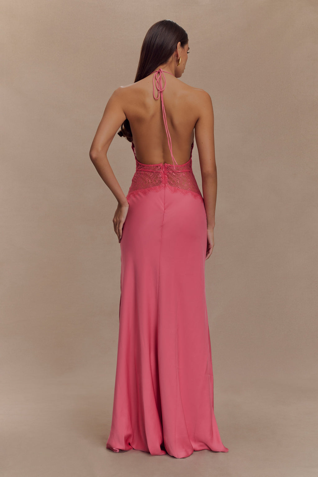 Lace and Satin Halter Maxi Dress for Women – V-Neck Evening Gown – Rose