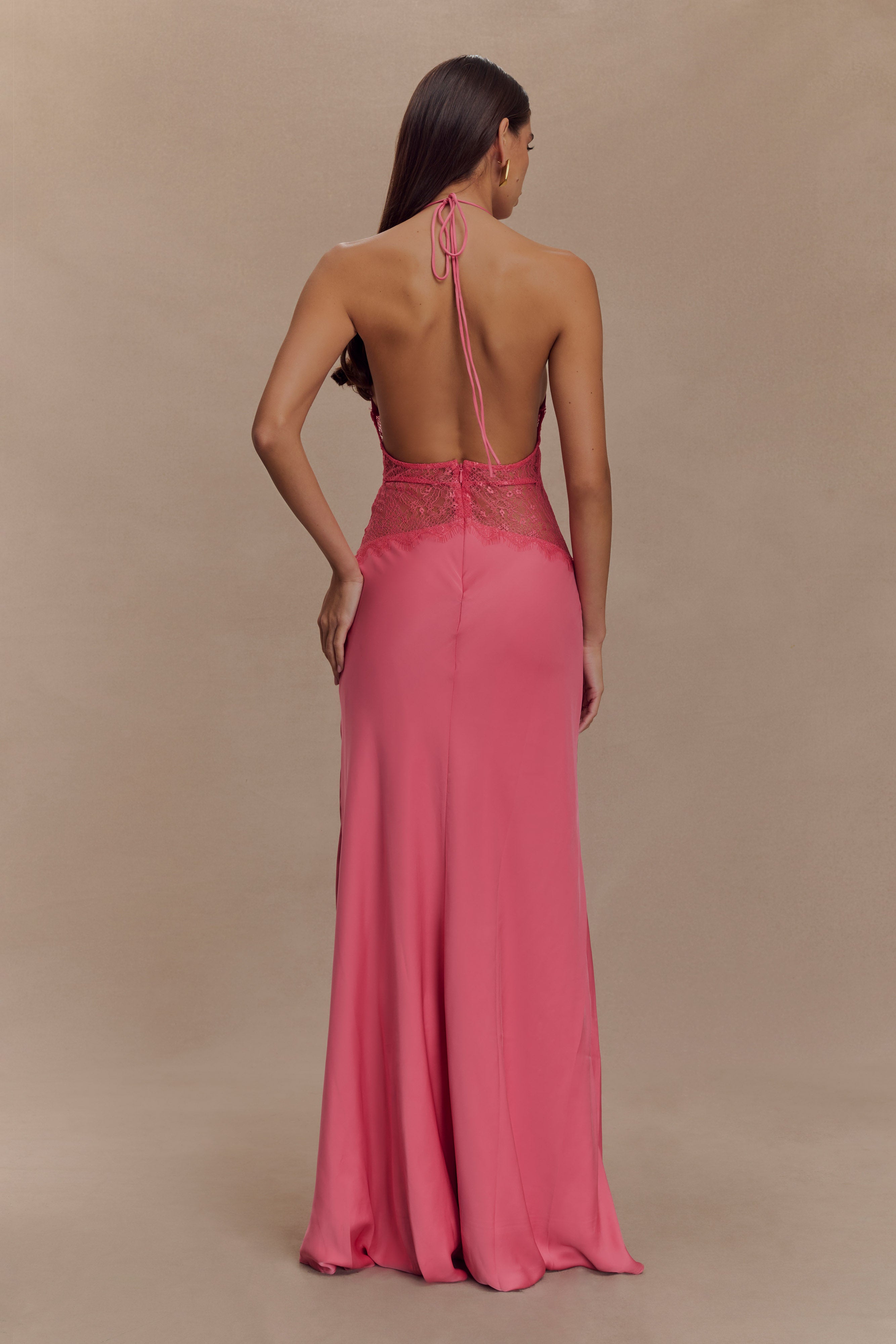 Lace and Satin Halter Maxi Dress for Women – V-Neck Evening Gown – Rose