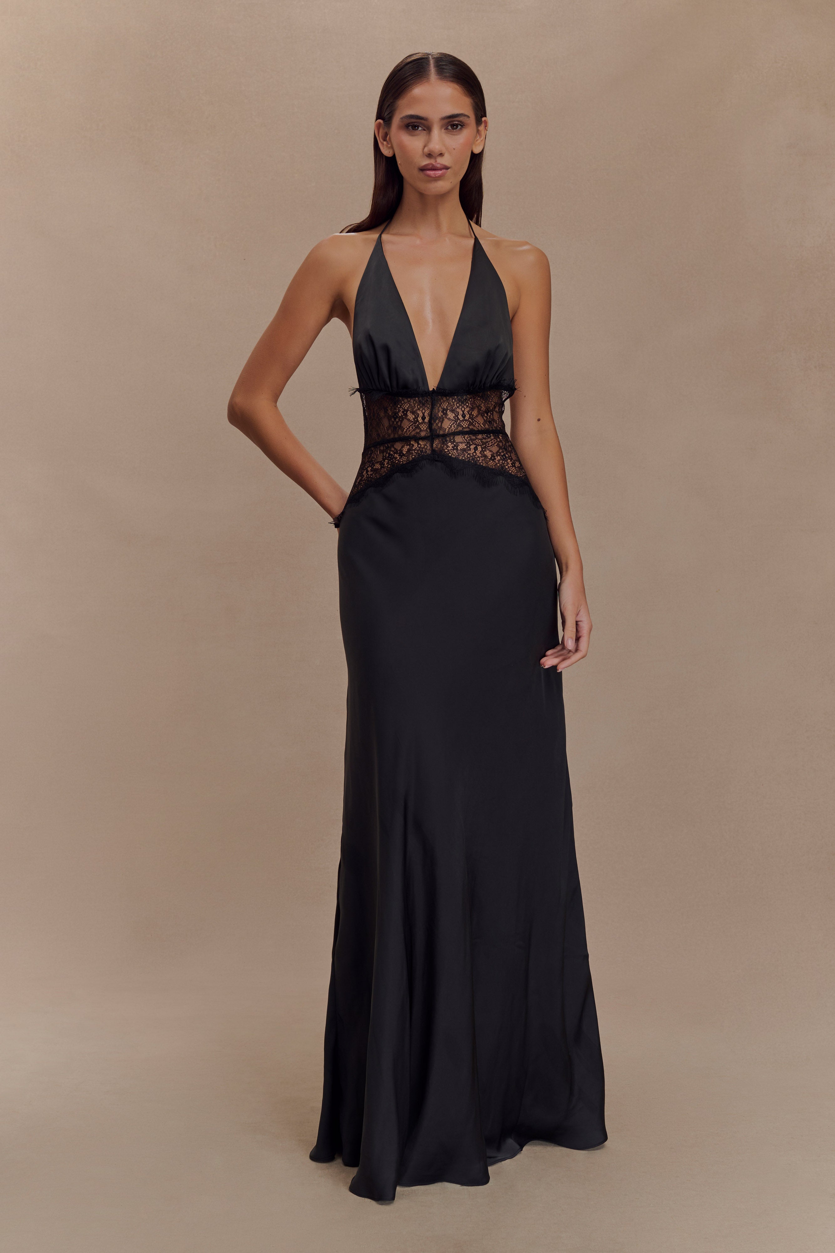 Lace and Satin Halter Maxi Dress for Women – V-Neck Evening Gown – Black