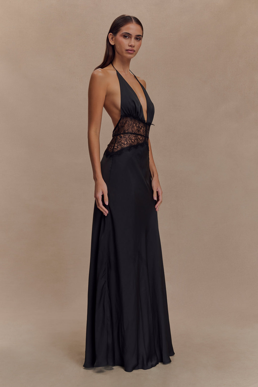 Lace and Satin Halter Maxi Dress for Women – V-Neck Evening Gown – Black