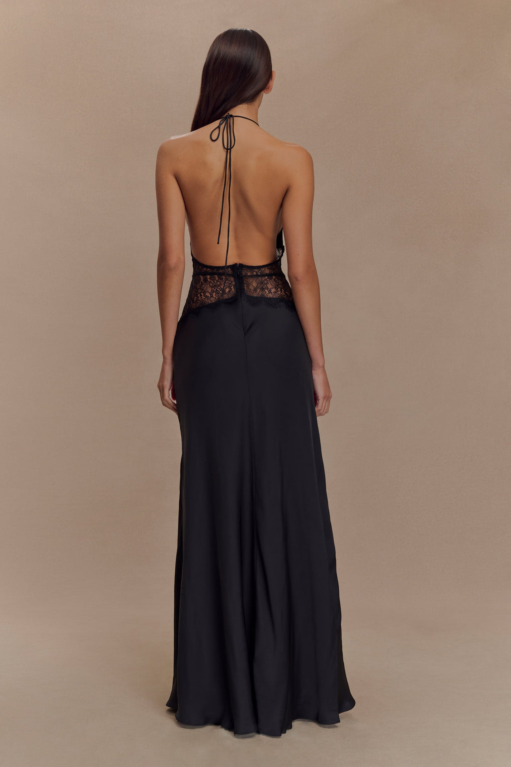 Lace and Satin Halter Maxi Dress for Women – V-Neck Evening Gown – Black