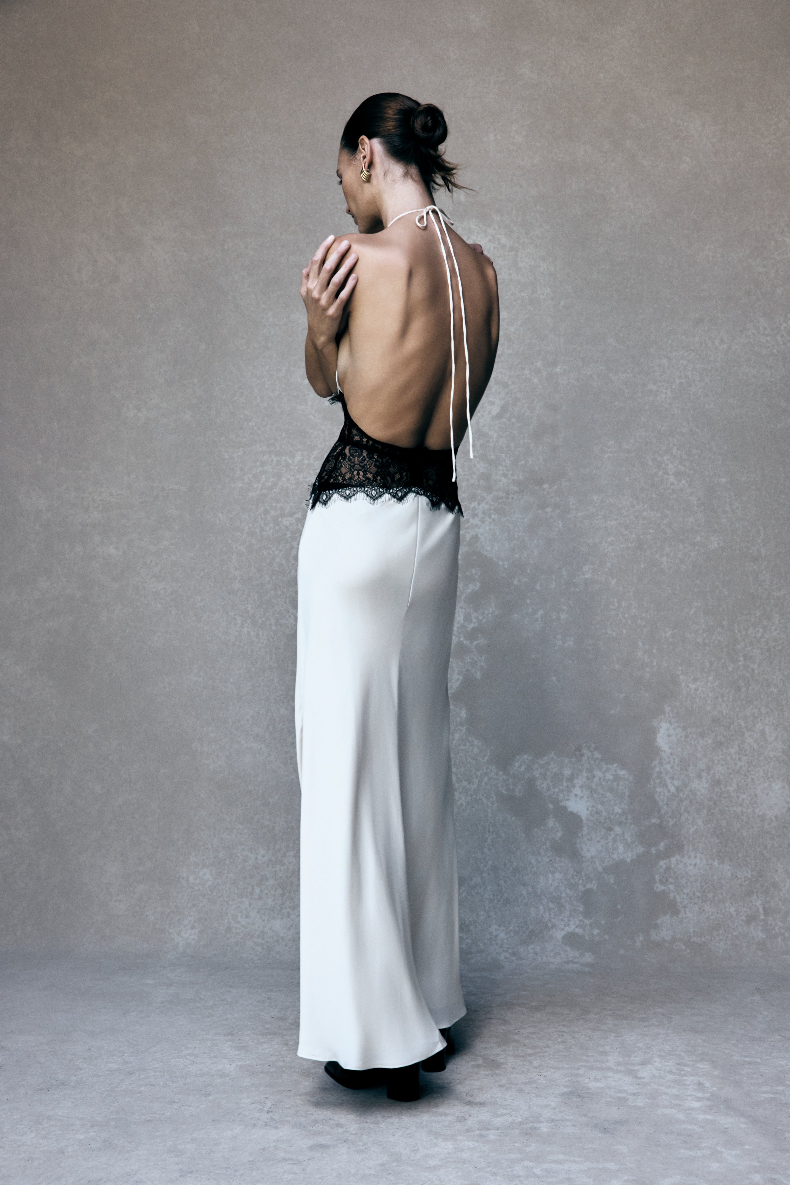 Lace and Satin Halter Maxi Dress for Women – V-Neck Evening Gown – Black/White