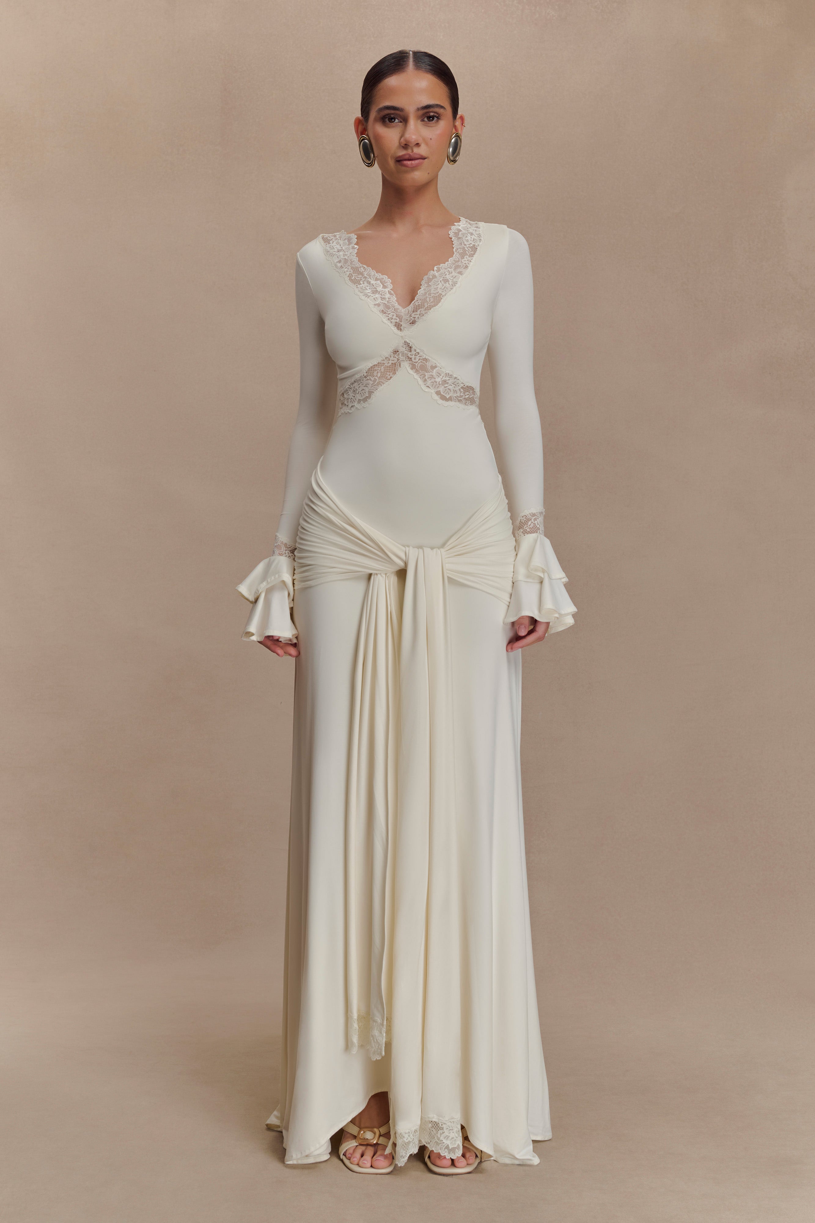Slinky Lace Maxi Dress for Women – Long Sleeve Draped Evening Gown – Ivory