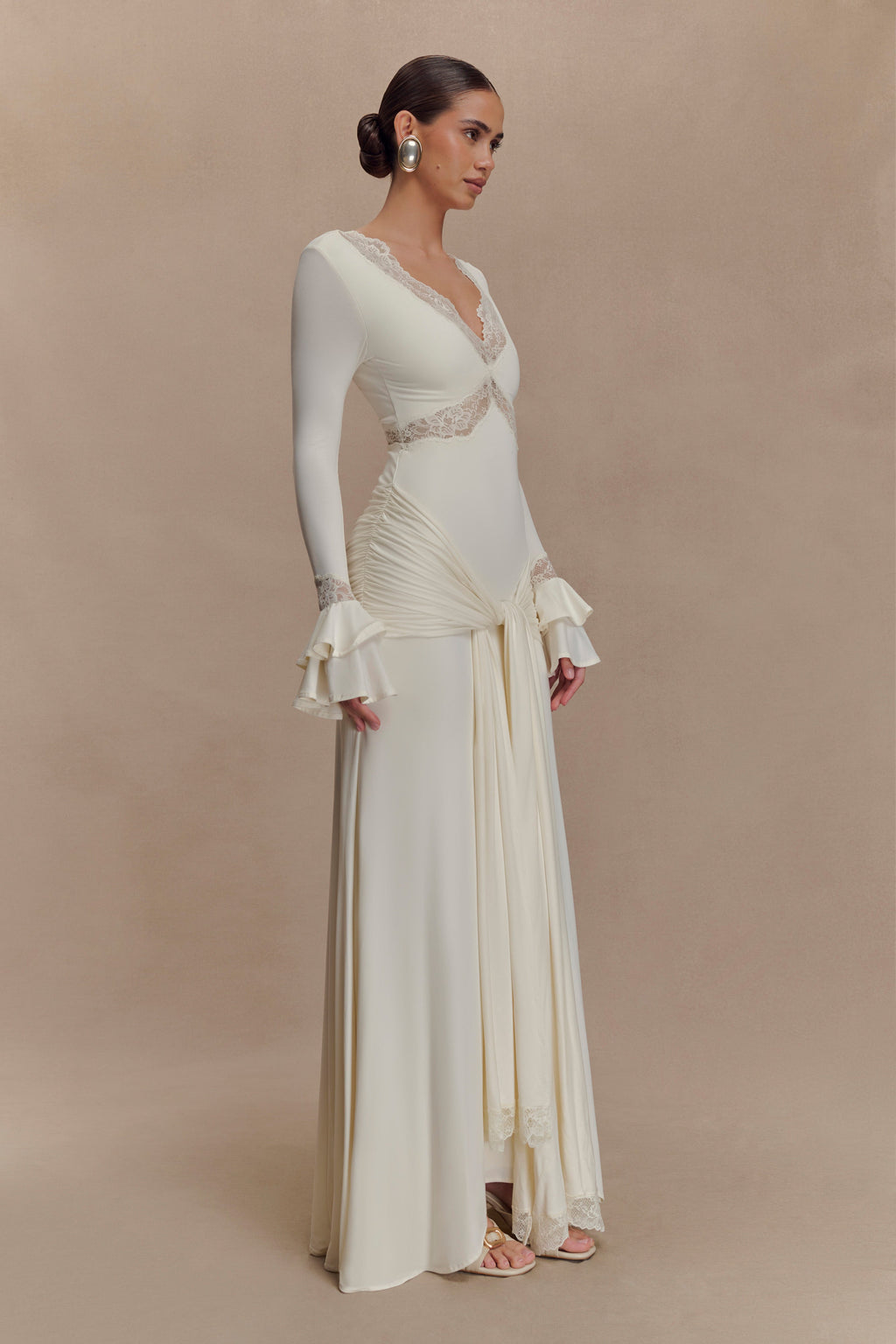 Slinky Lace Maxi Dress for Women – Long Sleeve Draped Evening Gown – Ivory