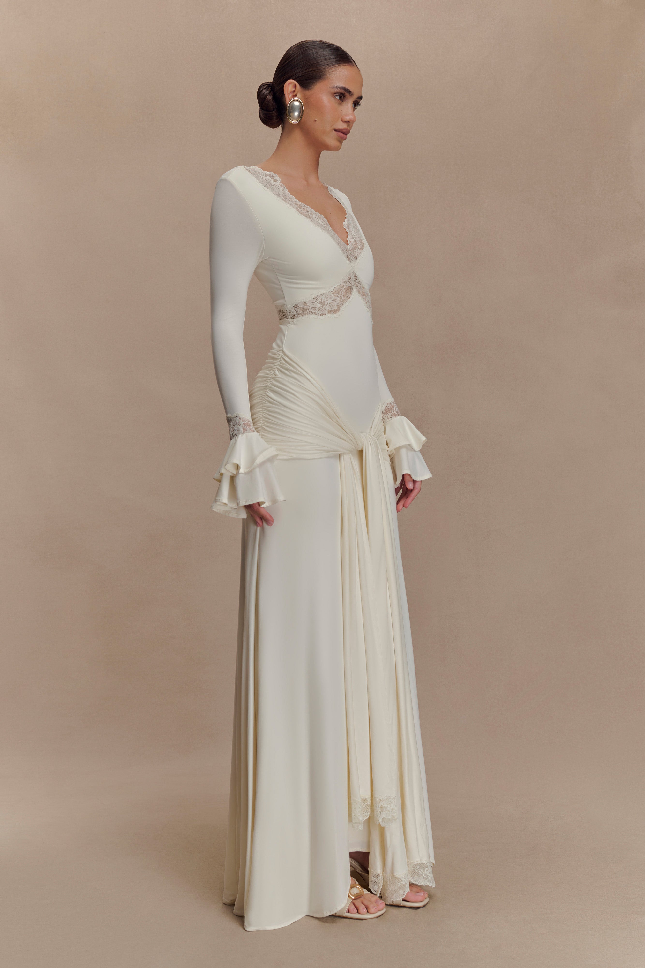 Slinky Lace Maxi Dress for Women – Long Sleeve Draped Evening Gown – Ivory