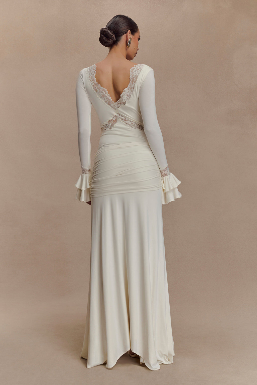 Slinky Lace Maxi Dress for Women – Long Sleeve Draped Evening Gown – Ivory