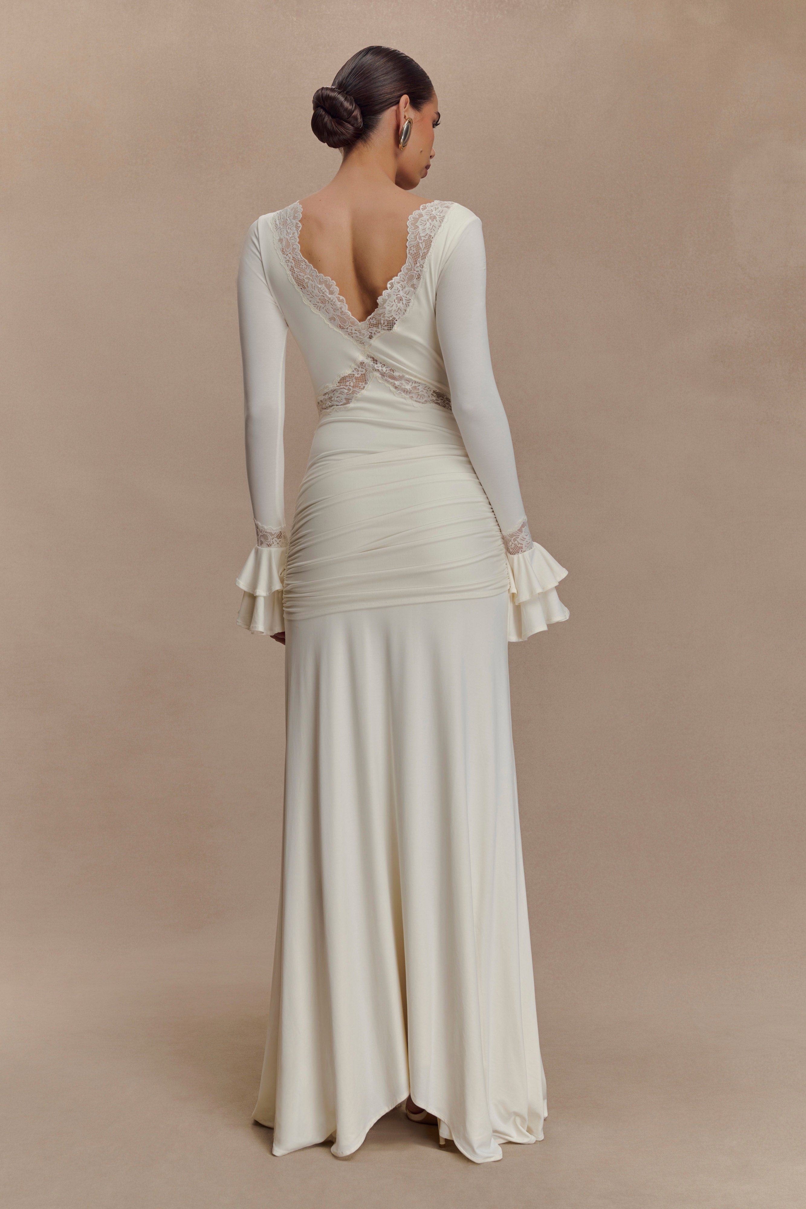 Slinky Lace Maxi Dress for Women – Long Sleeve Draped Evening Gown – Ivory