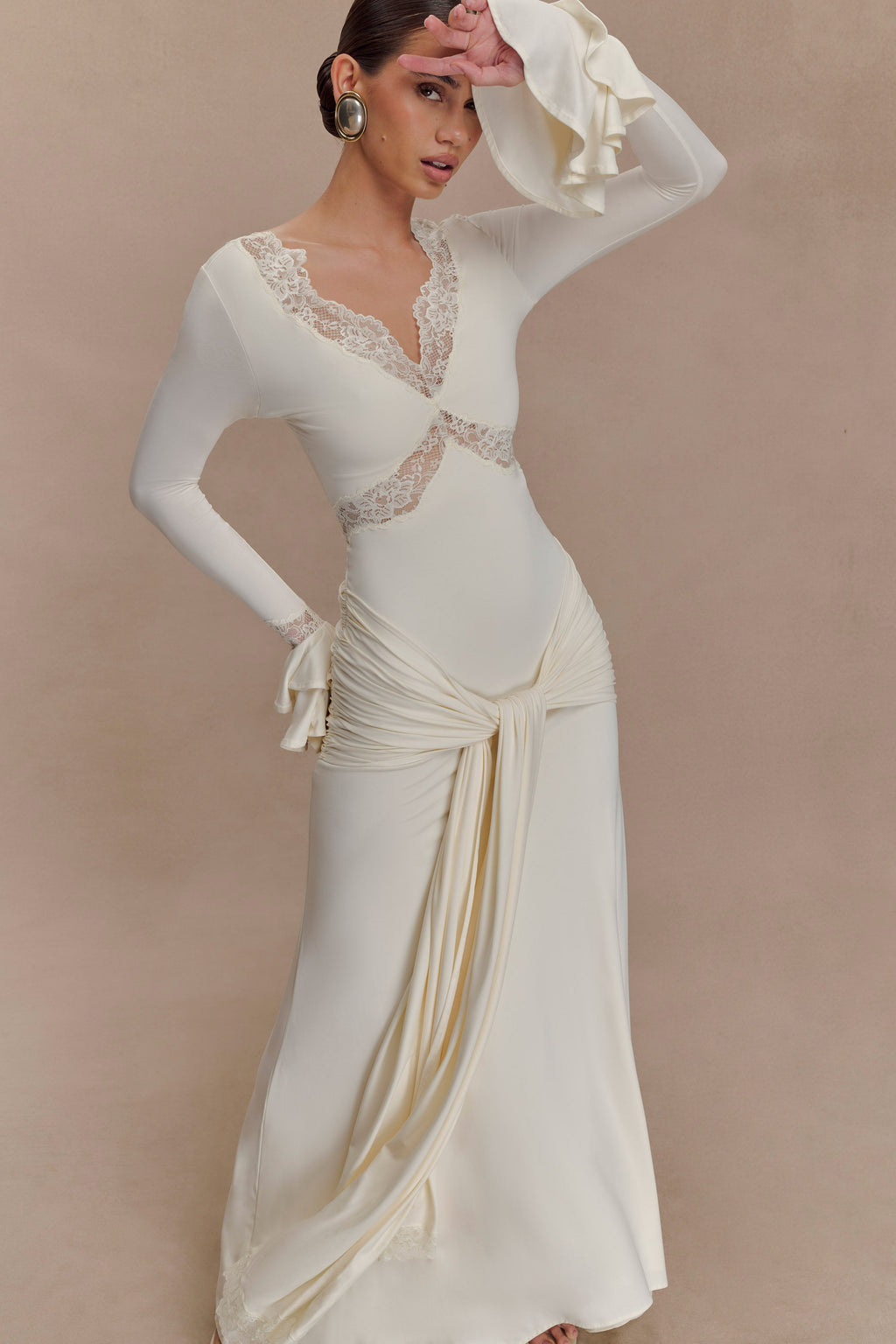 Slinky Lace Maxi Dress for Women – Long Sleeve Draped Evening Gown – Ivory