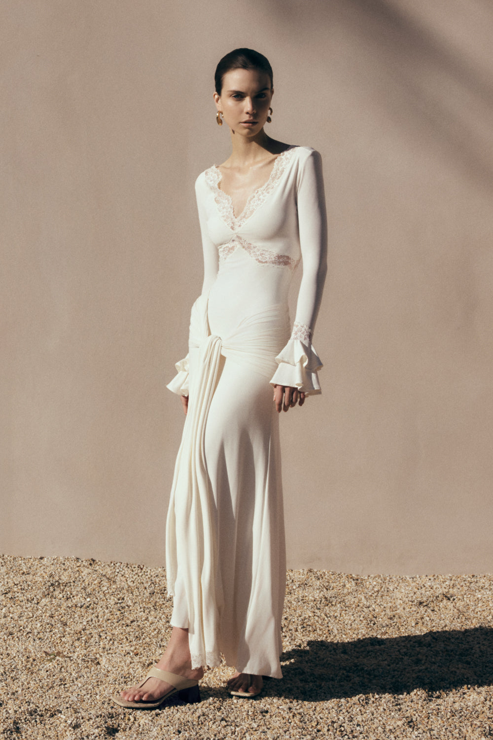 Slinky Lace Maxi Dress for Women – Long Sleeve Draped Evening Gown – Ivory