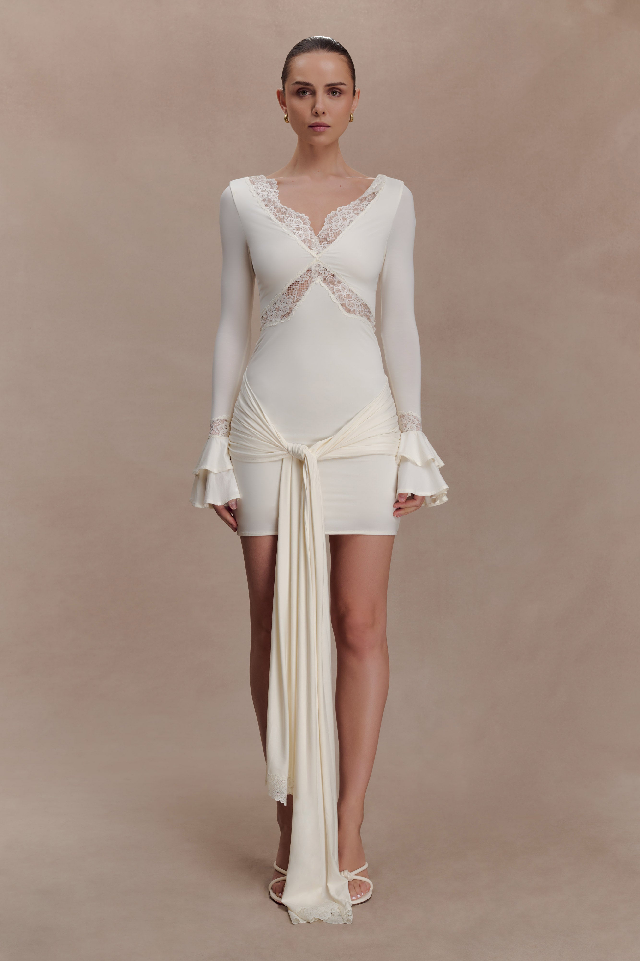 Slinky Lace Mini Dress for Women – V-Neck Flared Sleeve Party Dress – Ivory