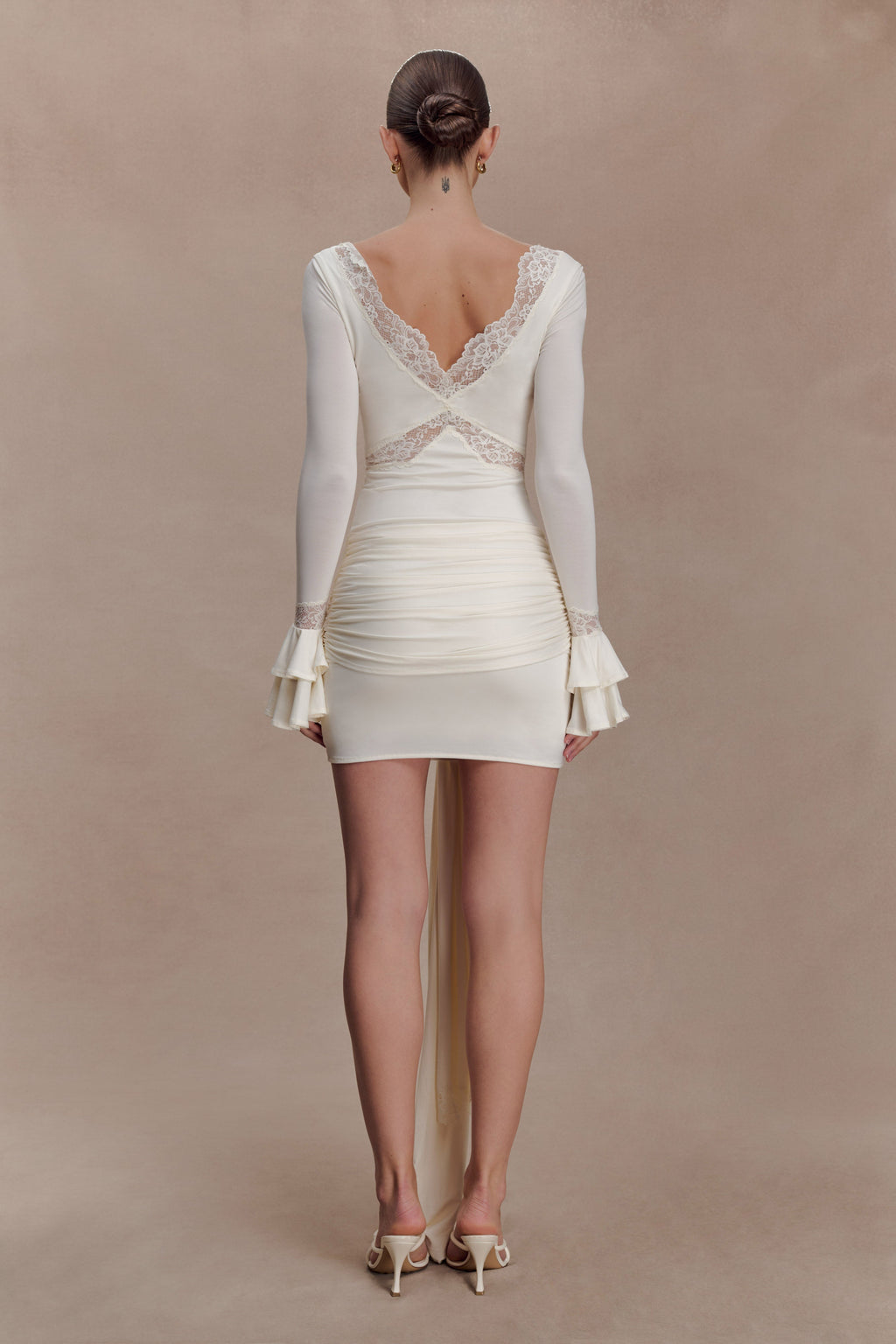 Slinky Lace Mini Dress for Women – V-Neck Flared Sleeve Party Dress – Ivory