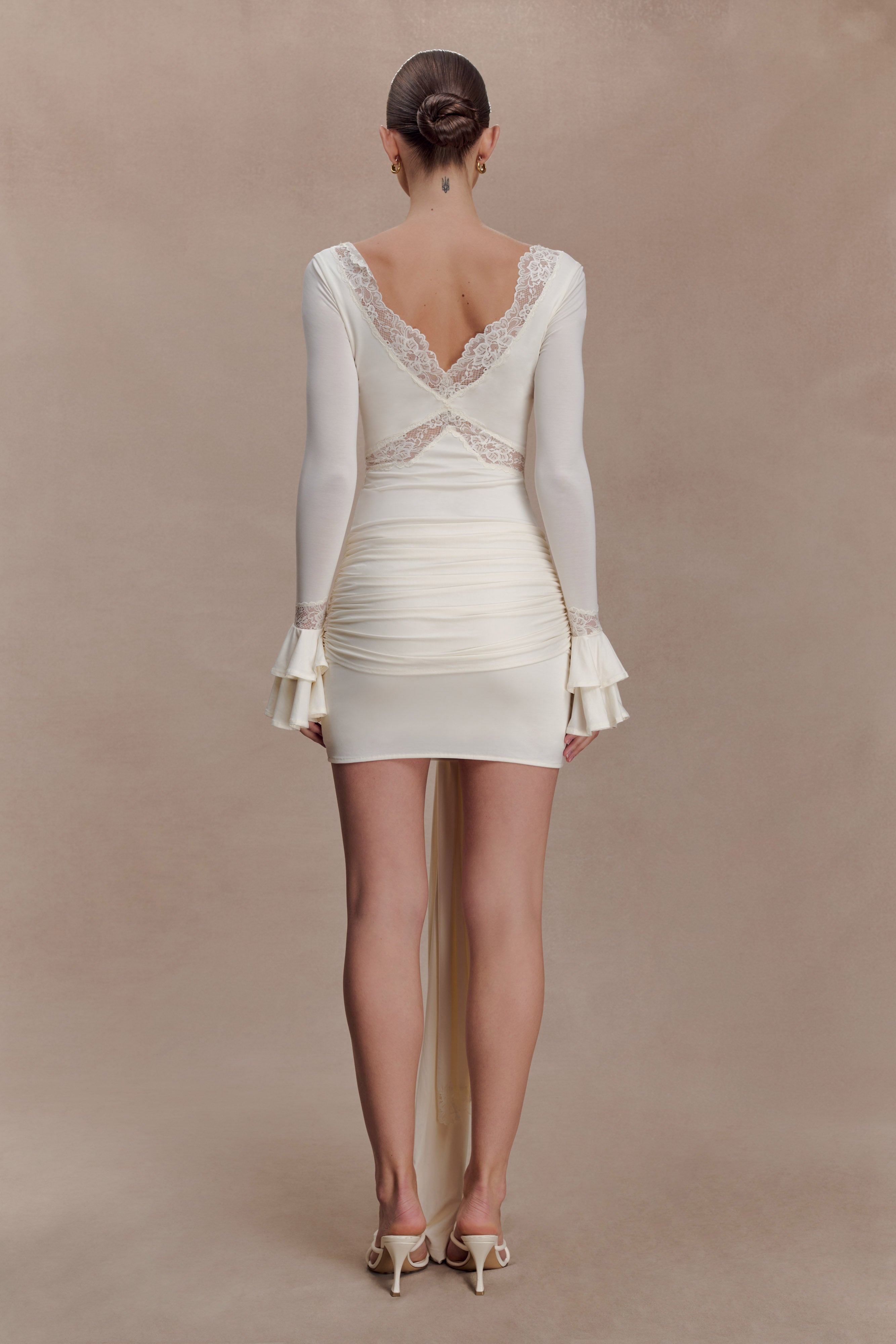 Slinky Lace Mini Dress for Women – V-Neck Flared Sleeve Party Dress – Ivory