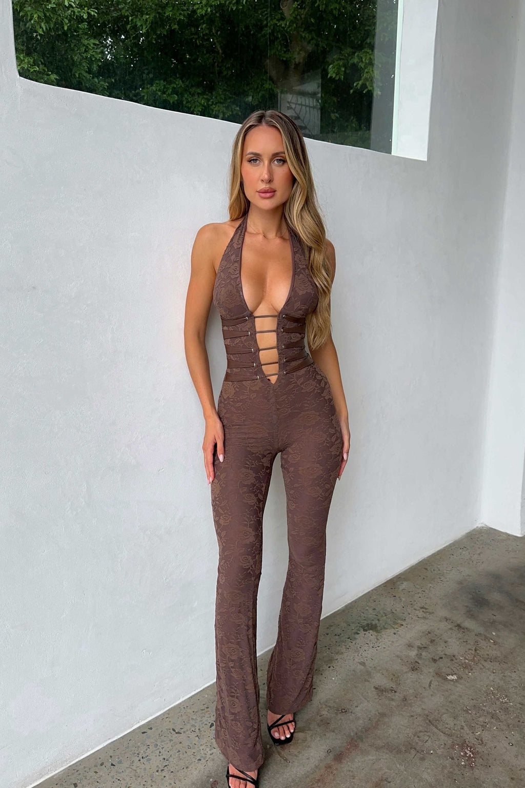 Lace Mesh Halter Jumpsuit for Women – Mocha Evening Jumpsuit