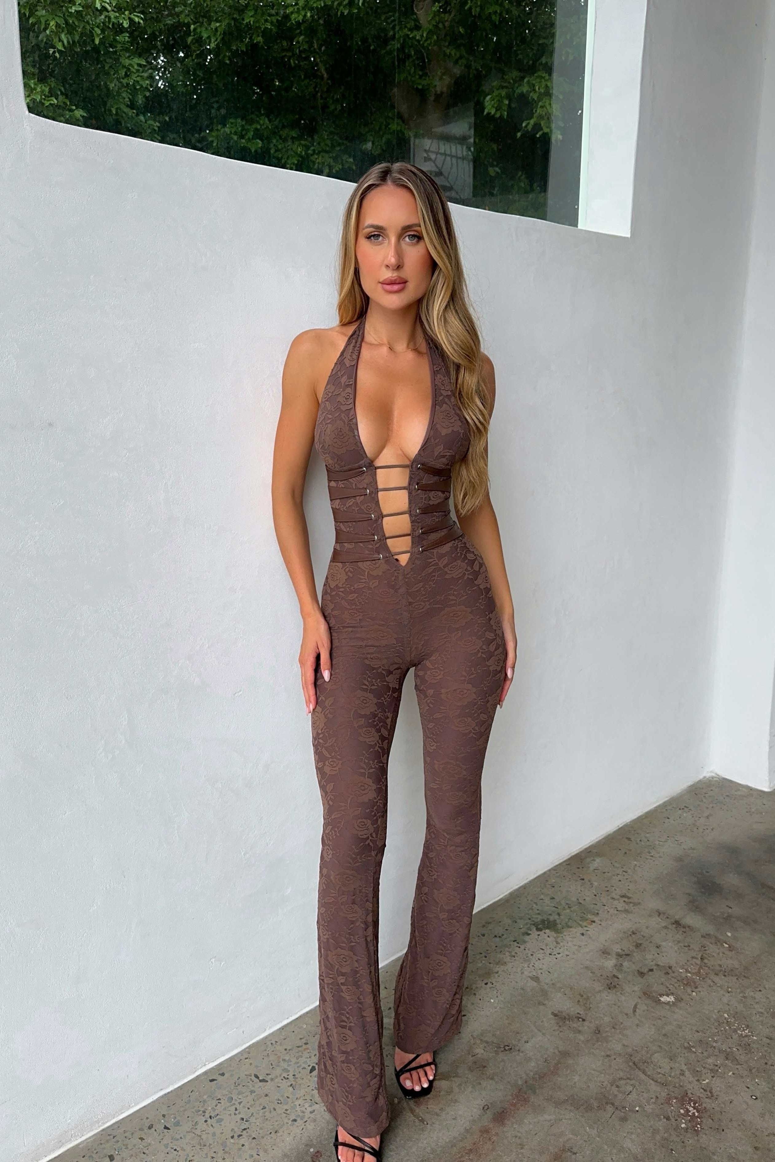 Lace Mesh Halter Jumpsuit for Women – Mocha Evening Jumpsuit