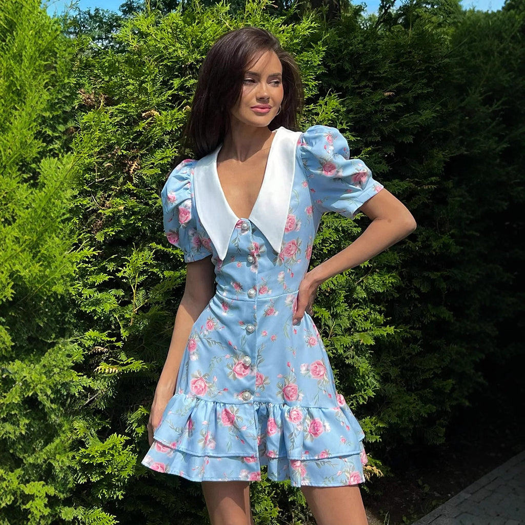 Floral Ruffle Puff Sleeve Midi Dress for Women – A-Line Summer Dress