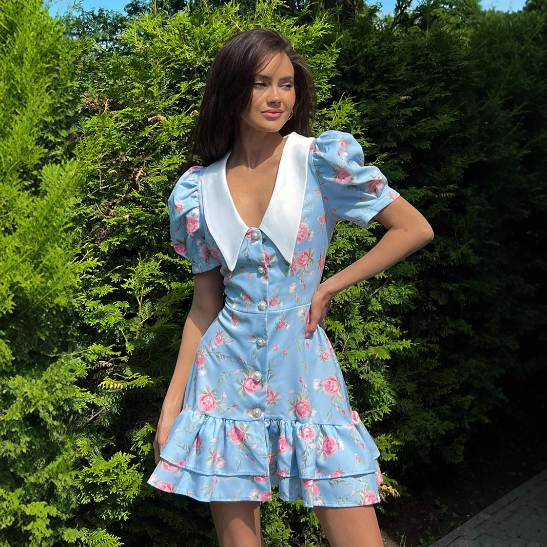 Floral Ruffle Puff Sleeve Midi Dress for Women – A-Line Summer Dress