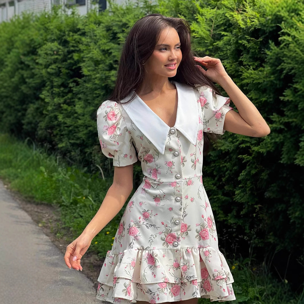 Floral Ruffle Puff Sleeve Midi Dress for Women – A-Line Summer Dress
