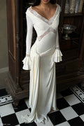 Slinky Lace Maxi Dress for Women – Long Sleeve Draped Evening Gown – Ivory