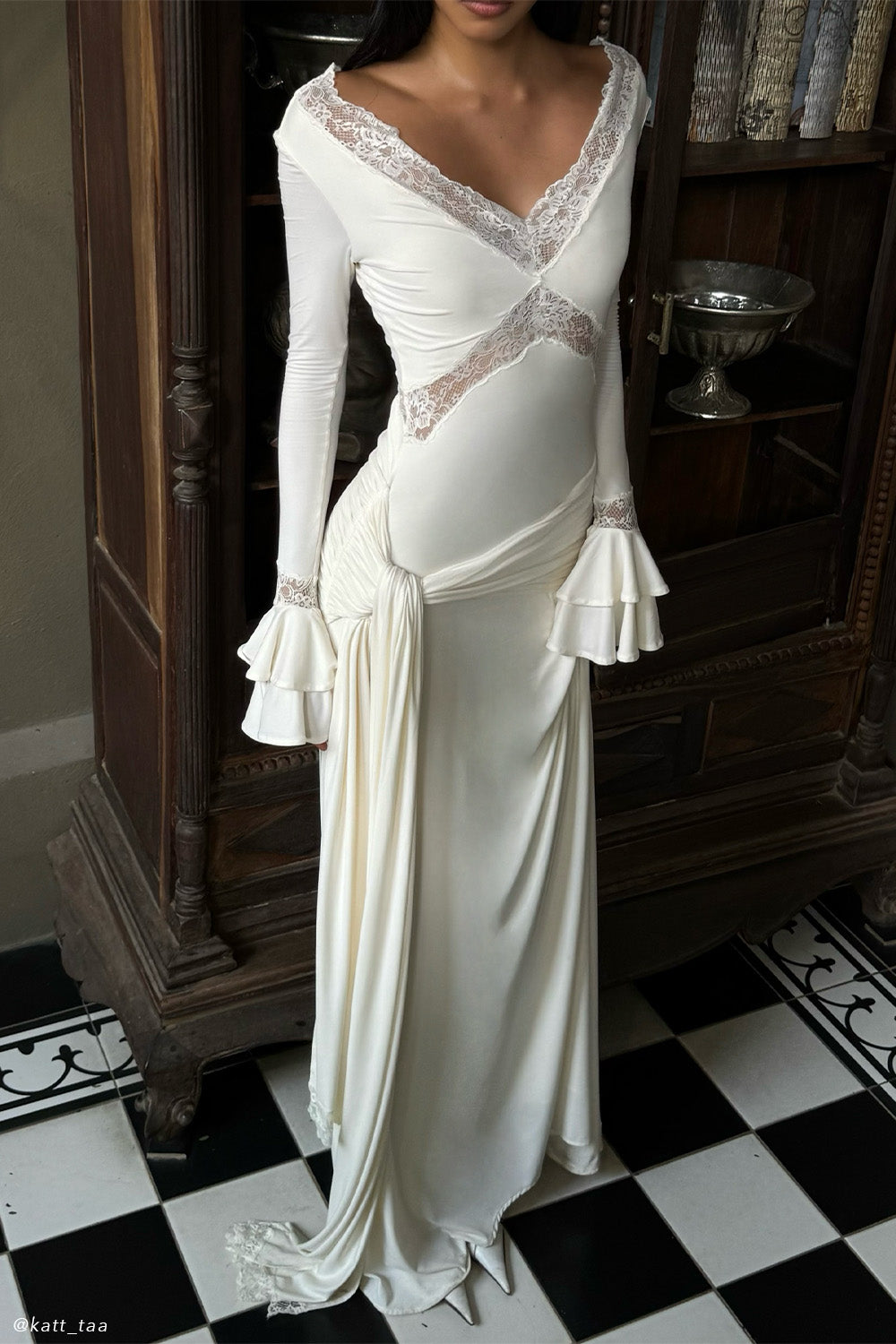 Slinky Lace Maxi Dress for Women – Long Sleeve Draped Evening Gown – Ivory