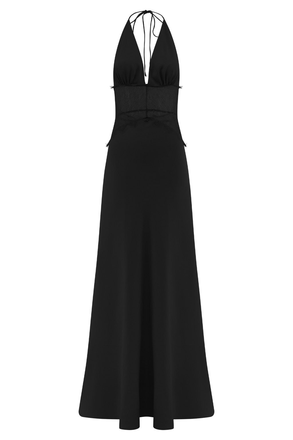 Lace and Satin Halter Maxi Dress for Women – V-Neck Evening Gown – Black