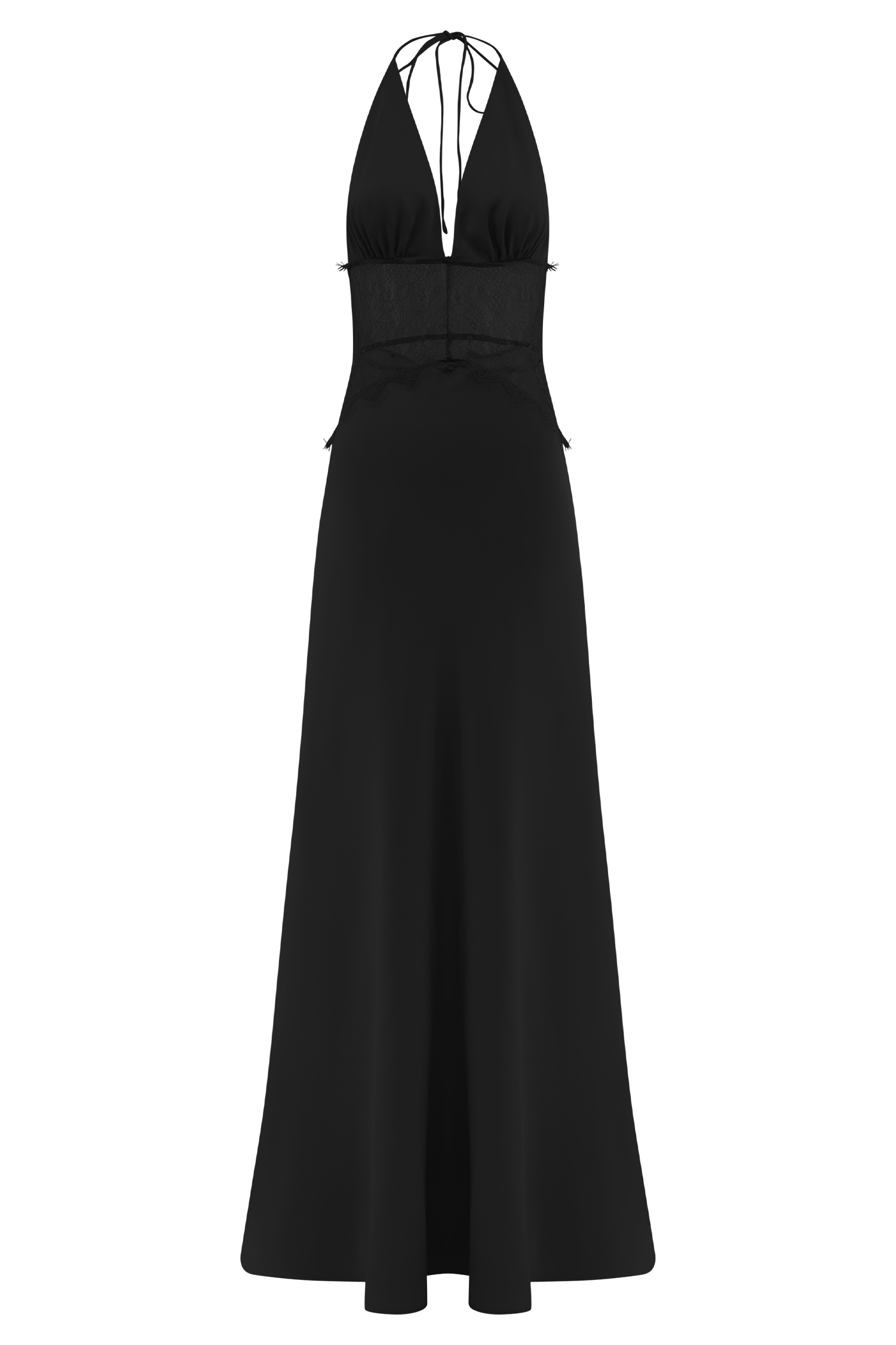 Lace and Satin Halter Maxi Dress for Women – V-Neck Evening Gown – Black