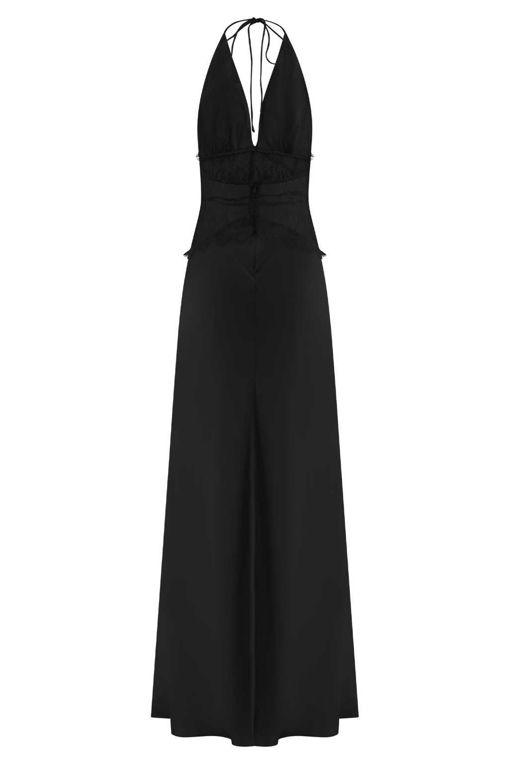 Lace and Satin Halter Maxi Dress for Women – V-Neck Evening Gown – Black