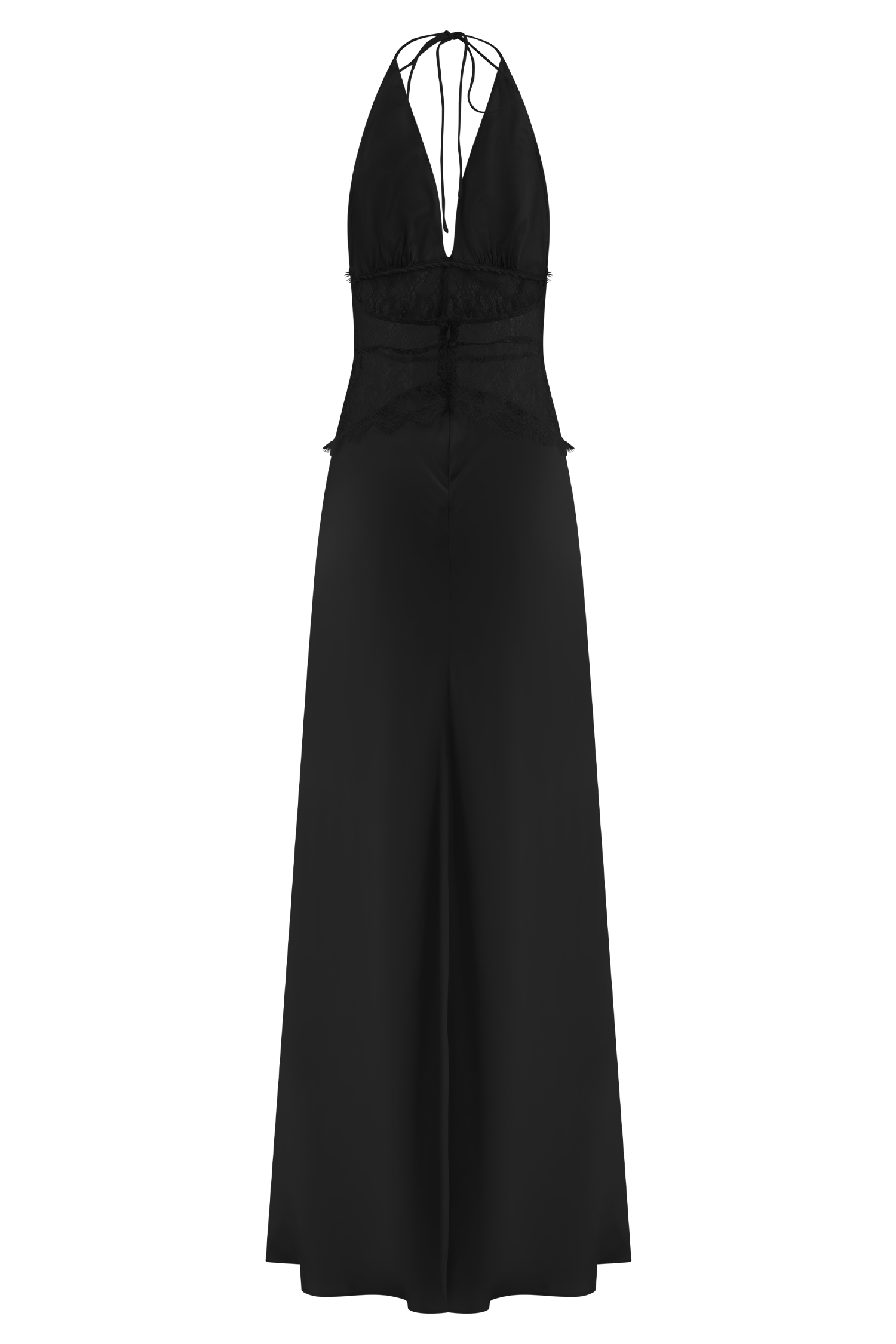 Lace and Satin Halter Maxi Dress for Women – V-Neck Evening Gown – Black