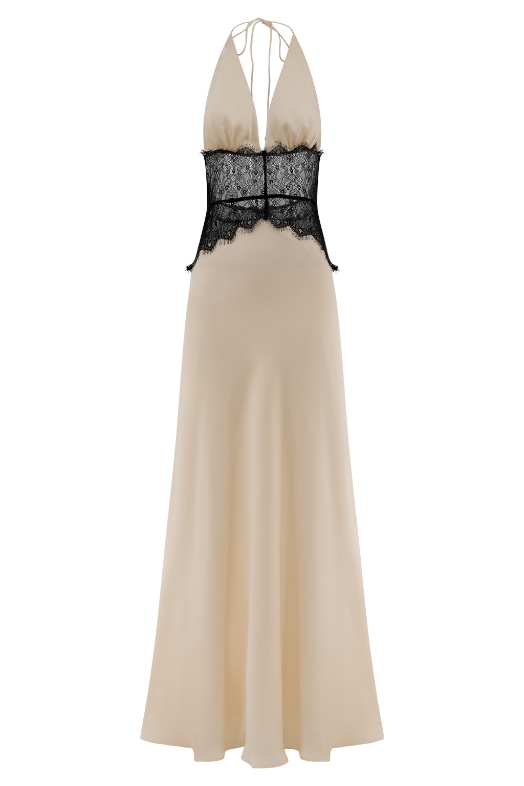Lace and Satin Halter Maxi Dress for Women – V-Neck Evening Gown – Black/White
