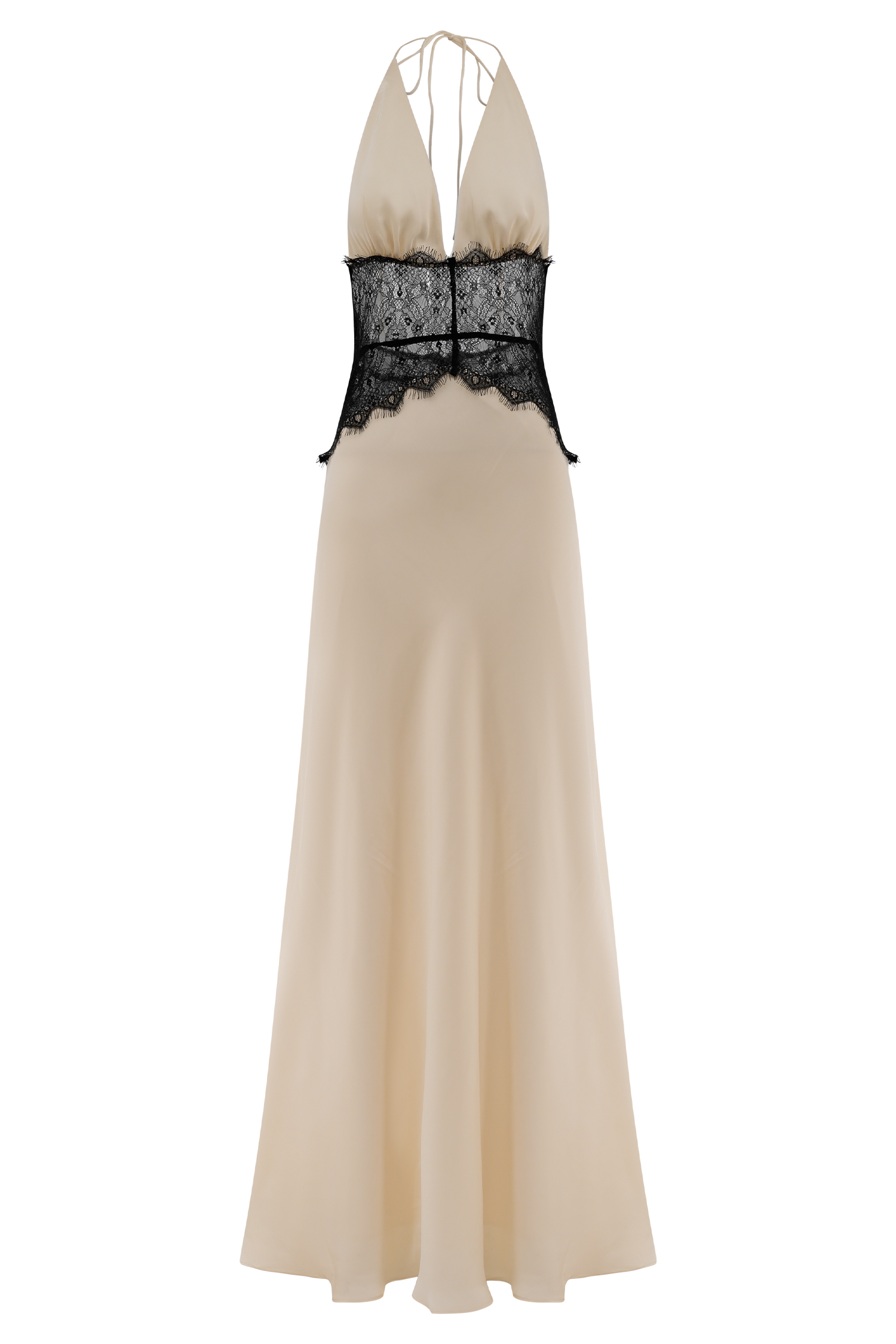 Lace and Satin Halter Maxi Dress for Women – V-Neck Evening Gown – Black/White
