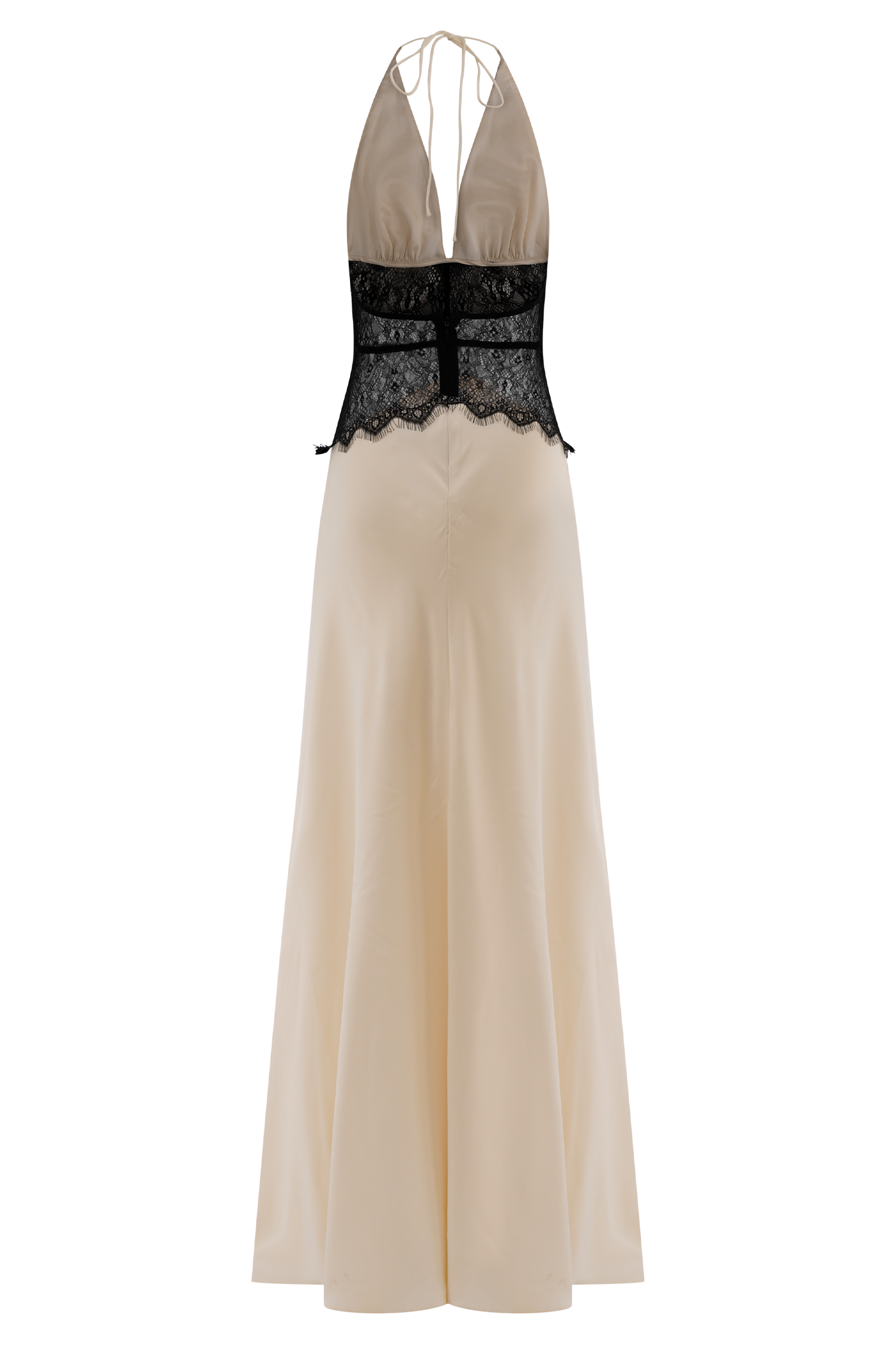 Lace and Satin Halter Maxi Dress for Women – V-Neck Evening Gown – Black/White