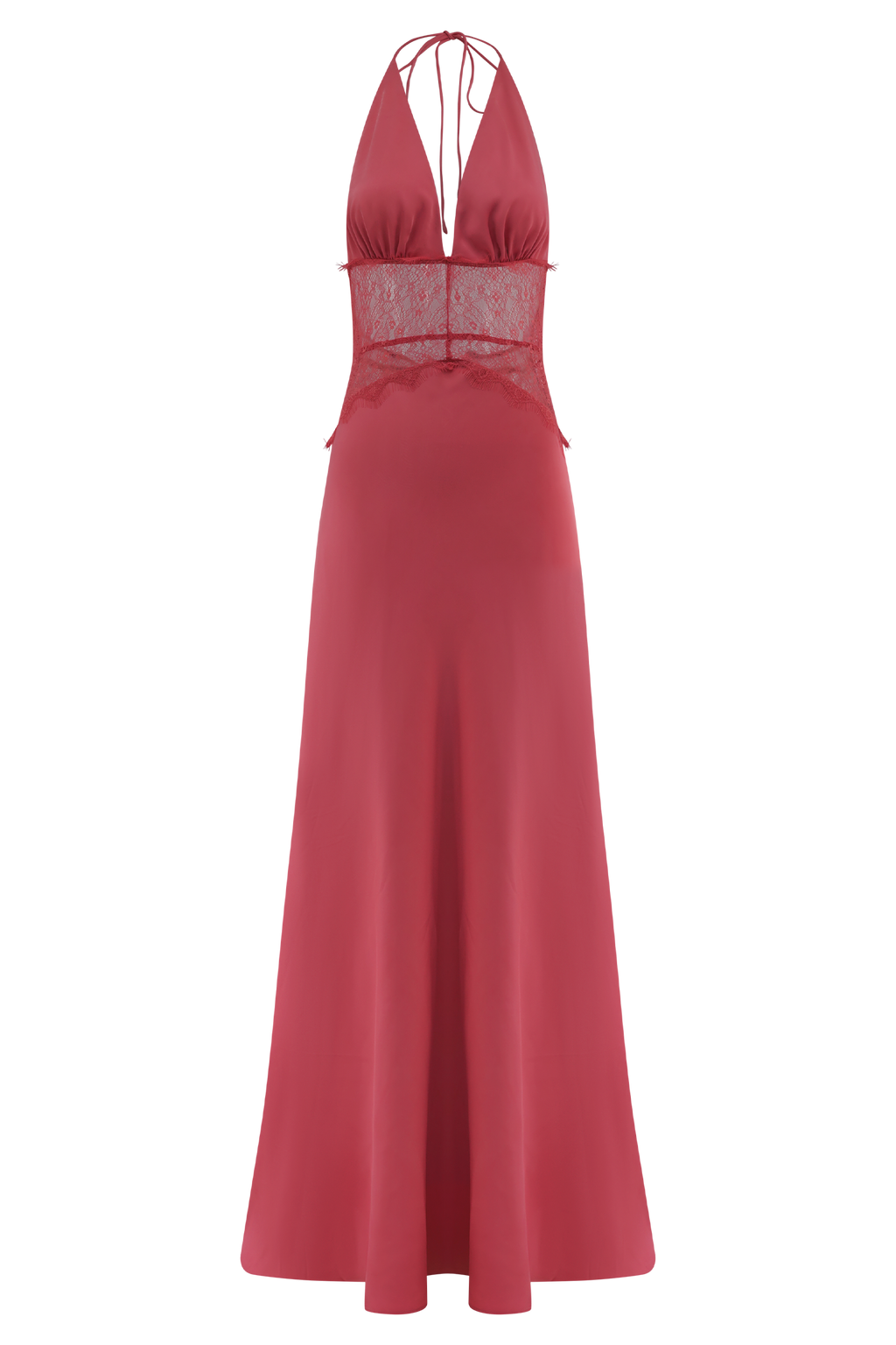Lace and Satin Halter Maxi Dress for Women – V-Neck Evening Gown – Rose