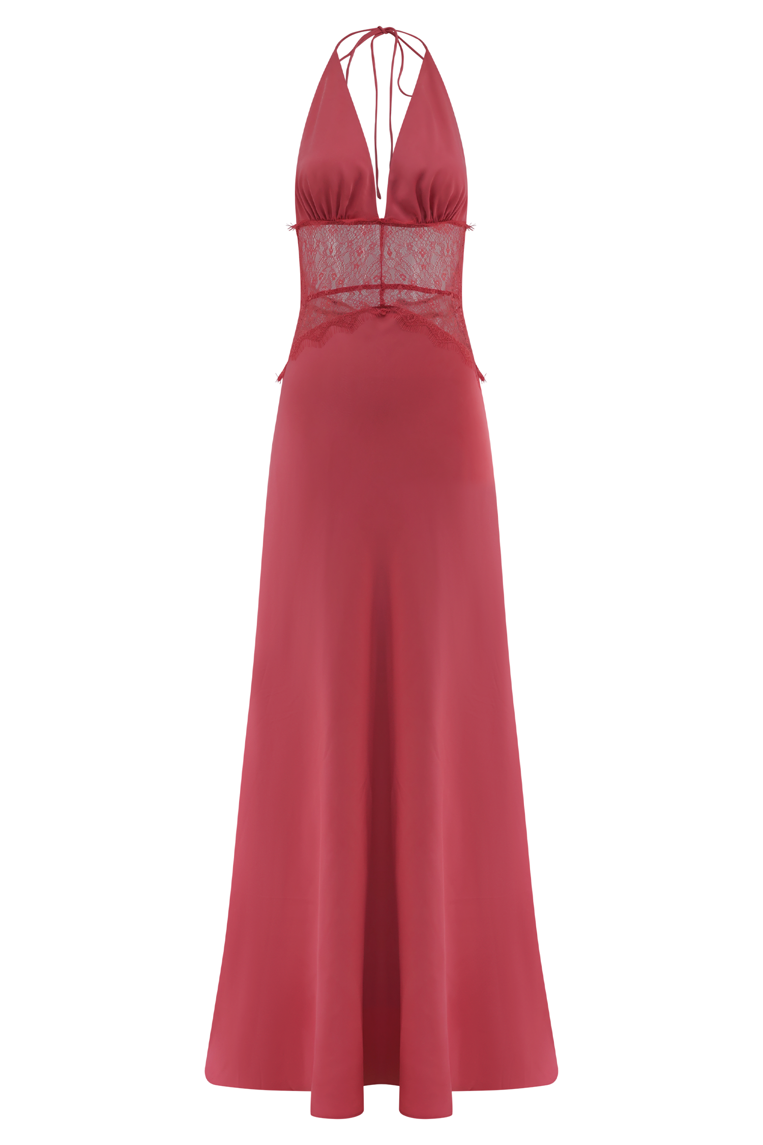 Lace and Satin Halter Maxi Dress for Women – V-Neck Evening Gown – Rose