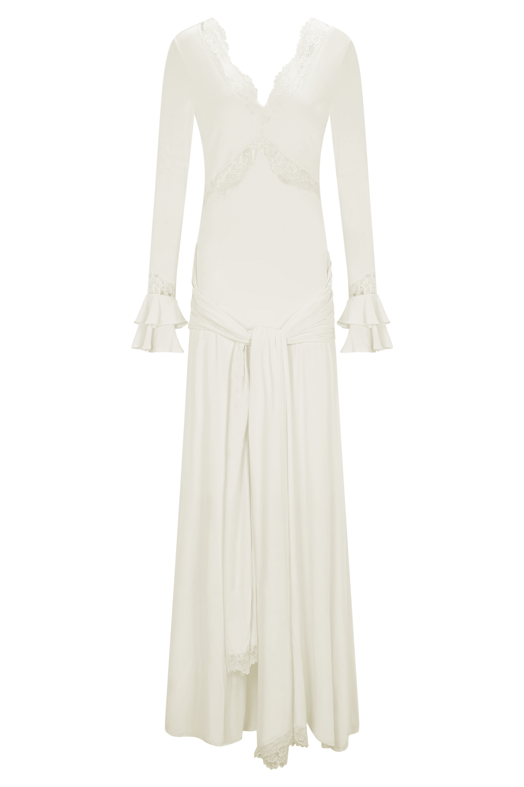 Slinky Lace Maxi Dress for Women – Long Sleeve Draped Evening Gown – Ivory