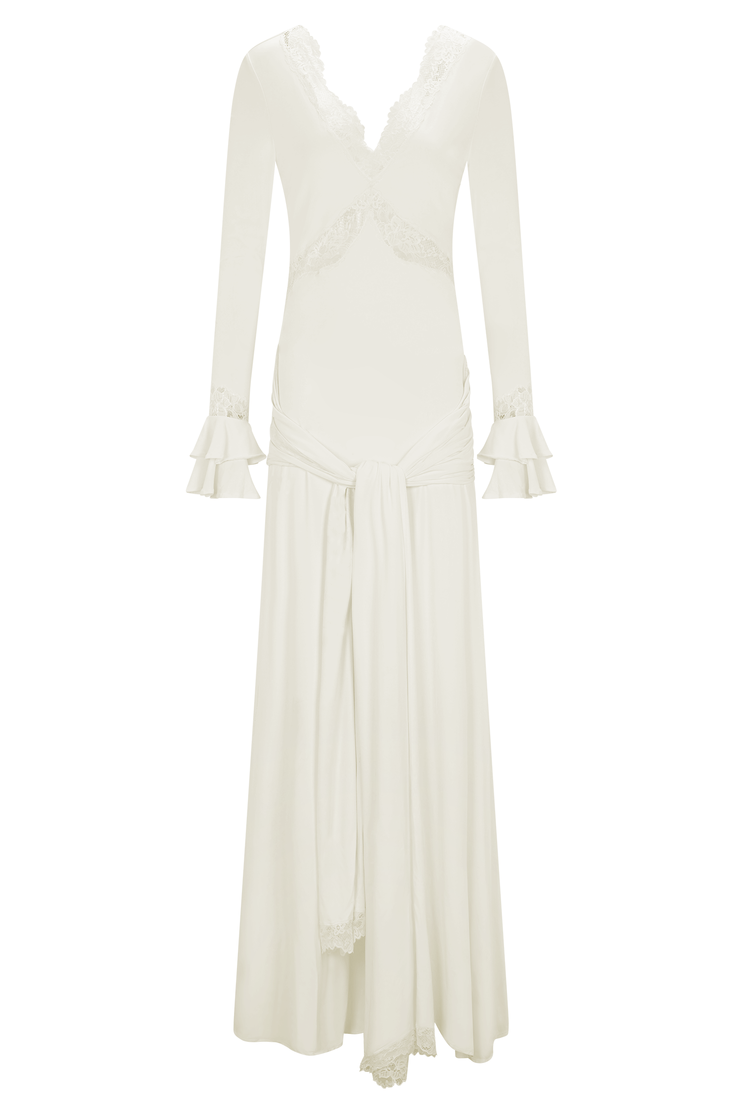 Slinky Lace Maxi Dress for Women – Long Sleeve Draped Evening Gown – Ivory