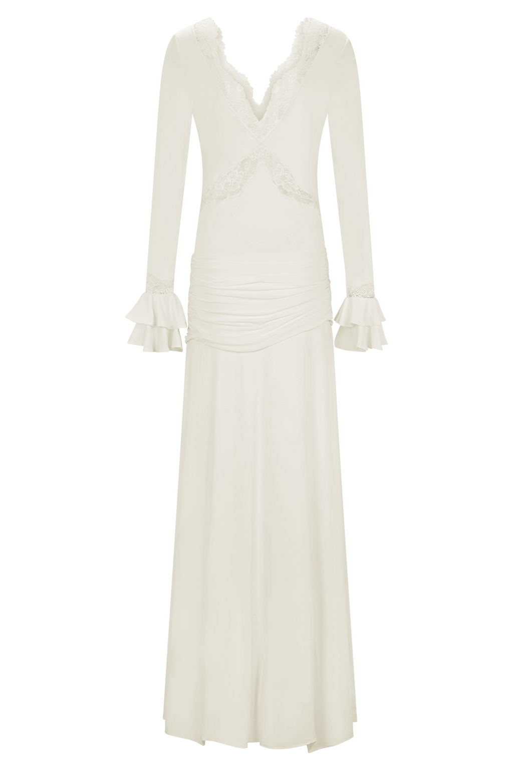 Slinky Lace Maxi Dress for Women – Long Sleeve Draped Evening Gown – Ivory