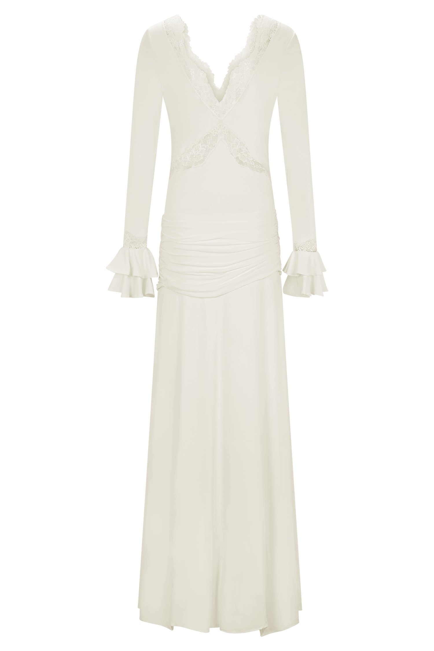 Slinky Lace Maxi Dress for Women – Long Sleeve Draped Evening Gown – Ivory