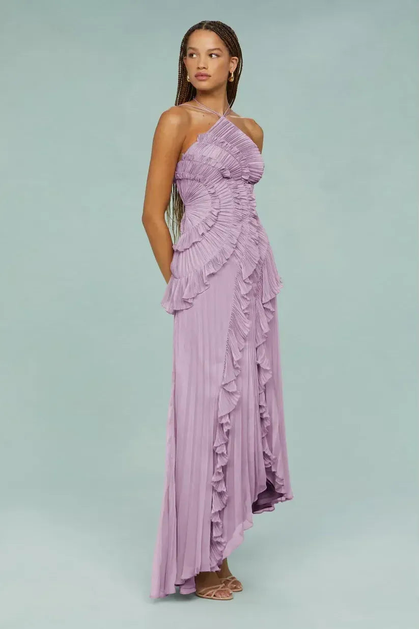 Elara Maxi Dress – Halter Neck Ruffle Evening Gown for Women - LÚVENA FASHION