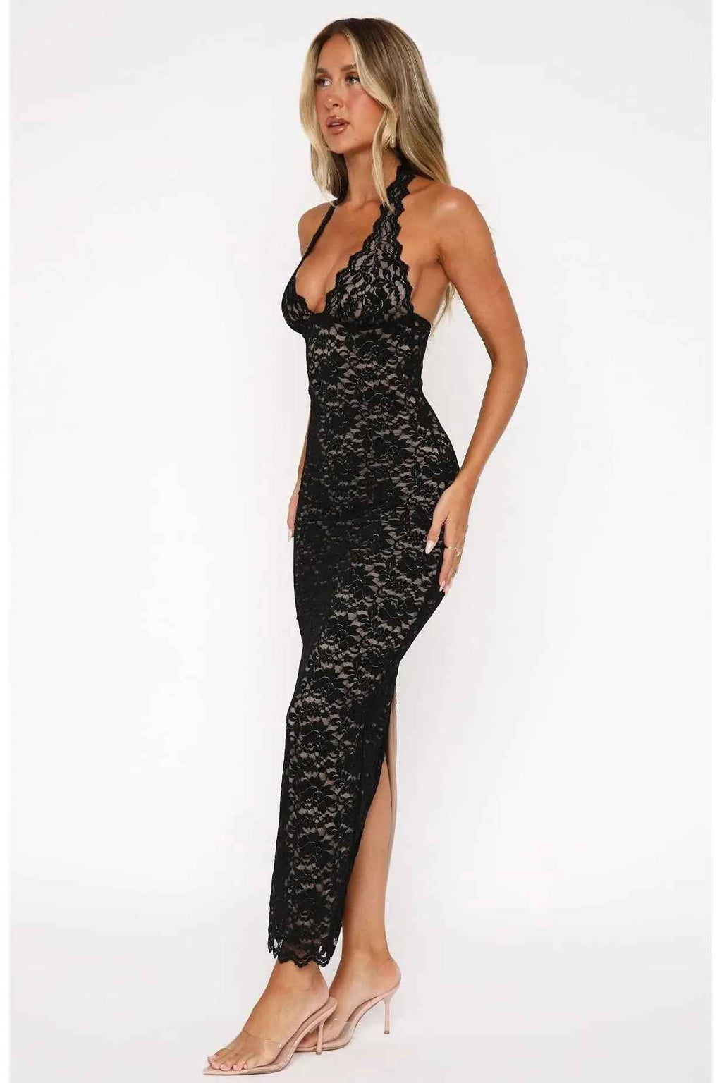 Floral Lace Halter Maxi Dress for Women – Sleeveless Evening Gown