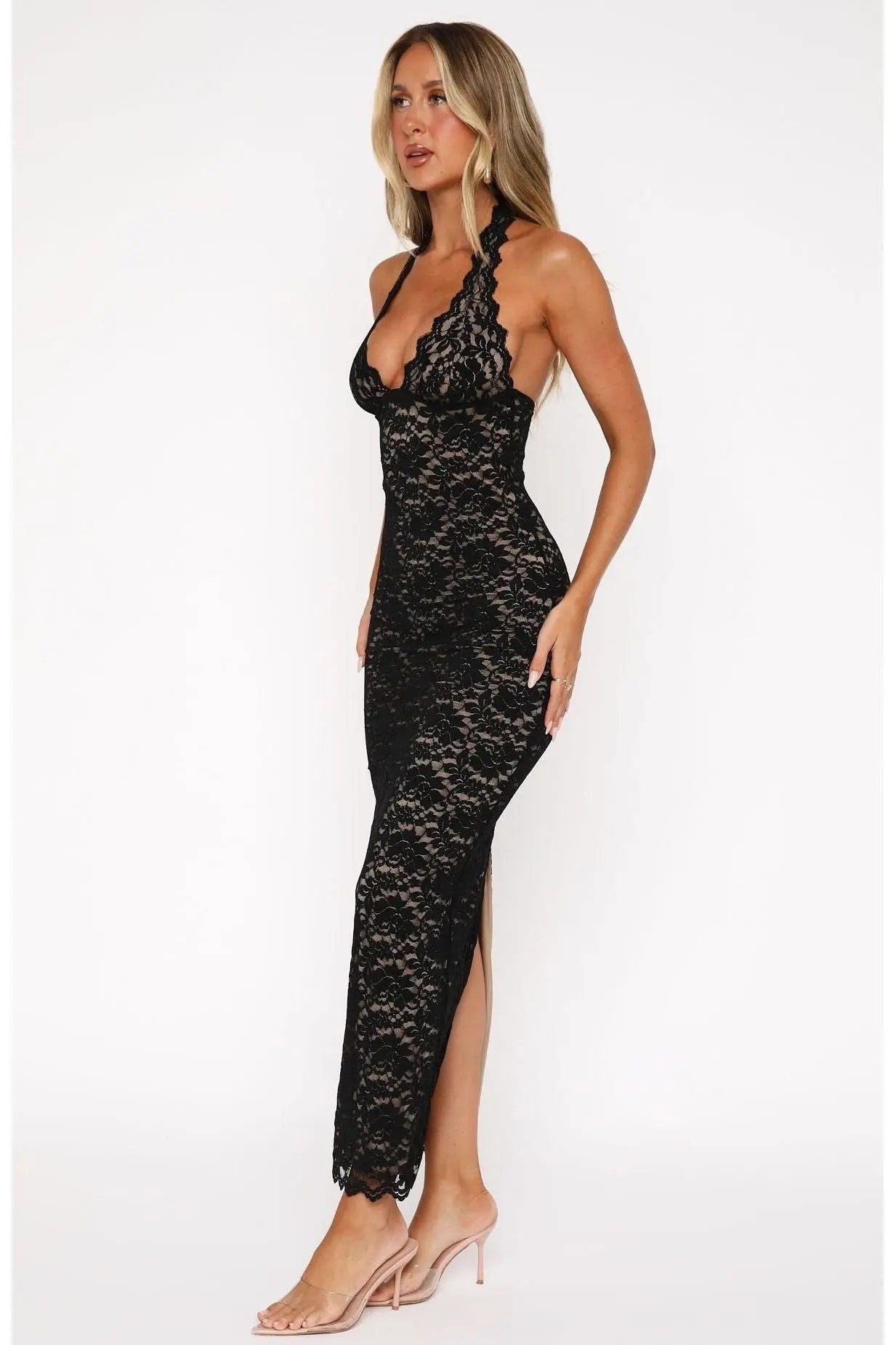 Thalia Lace Maxi Dress – Floral Halter Evening Gown for Women Celestia