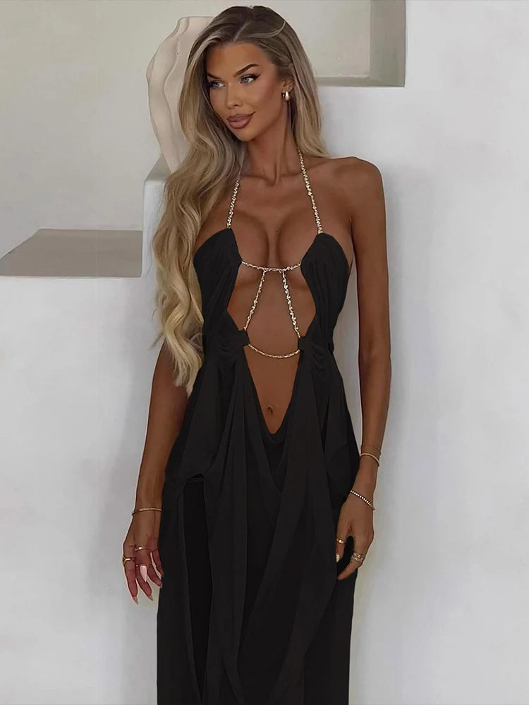 Chain Halter Backless Mini Dress for Women – Sheer Bodycon Party Dress
