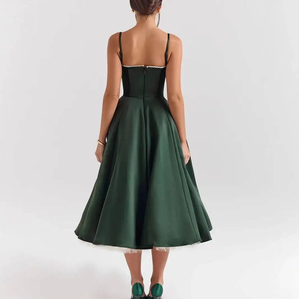 Satin Strapless Midi Dress for Women – Waist Cinching Party Dress