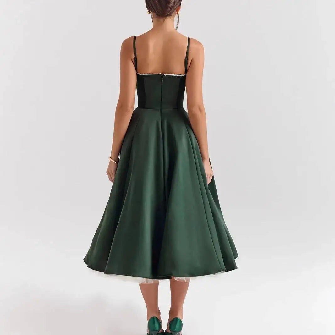 Satin Strapless Midi Dress for Women – Waist Cinching Party Dress